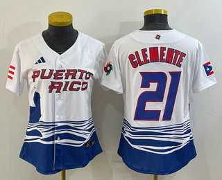 Women%27s Puerto Rico Baseball #21 Roberto Clemente 2023 White World Classic Stitched Jerseys->2023 world baseball classic->MLB Jersey